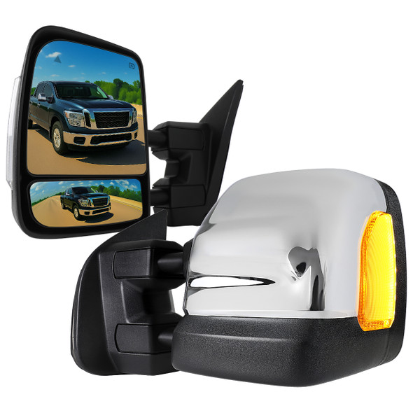 2016-2022 Nissan Titan Power Adjustable, BSM, Memory Fuction, & Manually Extendable Chrome Towing Mirrors with Clear Lens LED Turn Signal & Puddle Lights