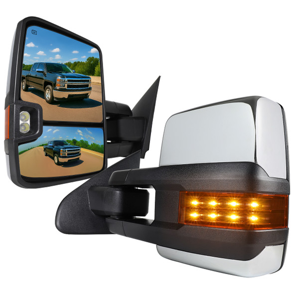 2014-2018 Chevrolet Silverado/GMC Sierra Power Heated Manual Extendable Chrome Towing Mirrors w/ Amber Lens LED Turn Signal & Clearance Lights