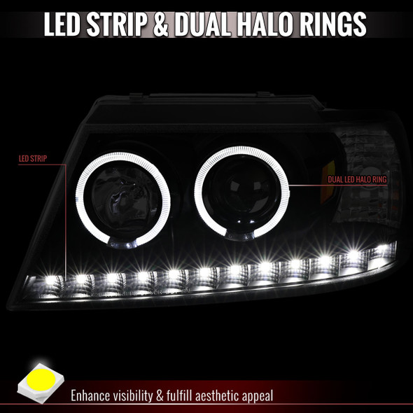 2002-2005 Ford Explorer Dual Halo Projector Headlights (Matte Black Housing/Clear Lens)