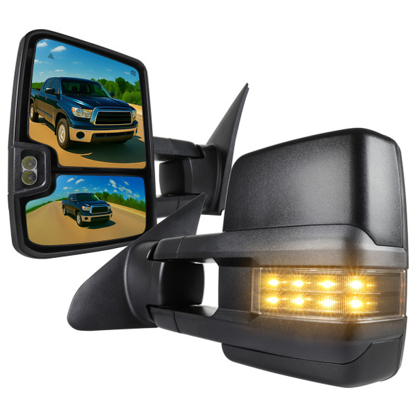 2007-2017 Toyota Tundra/ 2008-2017 Sequoia Power Heated BSM Manual Extendable Towing Mirrors w/ Smoked Lens LED Turn Signal & Clearance Lights