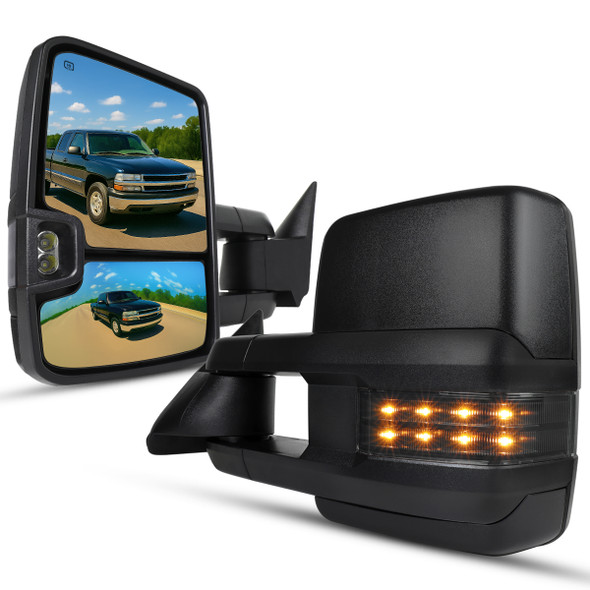 1999-2002 Chevrolet Silverado/Tahoe/Suburban/Avalanche GMC Sierra/Yukon/Yukon XL Power Heated Manual Extendable Towing Mirrors w/ Smoked Lens LED Turn Signal & Clearance Lights