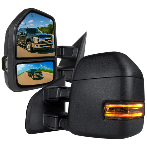2017-2019 Ford F-250/F-350/F-450/F-550 Super Duty Power Adjustable, Heated, BSM, ATS, & Manual Extendable Towing Mirrors w/ Smoked Lens LED Turn Signal, Clearance, & Auxiliary Lights