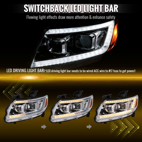 2015-2022 Chevrolet Colorado Projector Headlights w/ LED DRL Light Strip Sequential Turn Signal and Side Marker  (Chrome Housing / Clear Lens)
