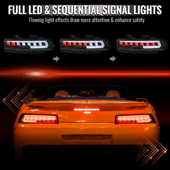 2014-2015 Chevrolet Camaro Full Red LED Sequential Tail Light (Black Housing / Clear Lens)