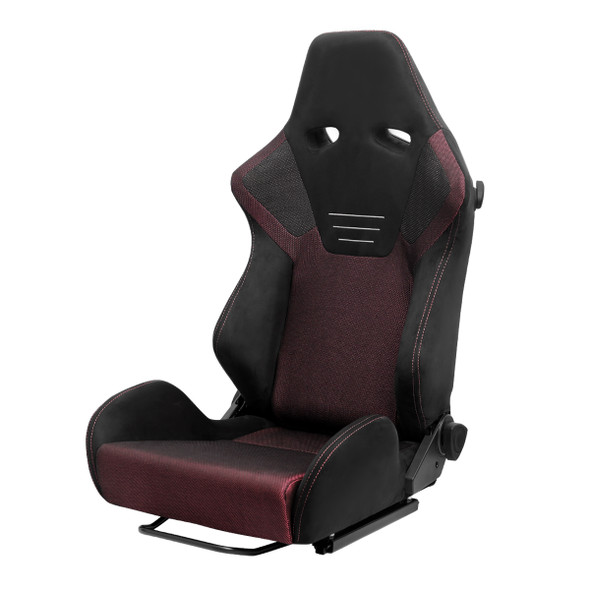 Universal Fully Reclinable Black Suede Red Mesh High Bolster Bucket Racing Seat w/ Sliders - Single Seat