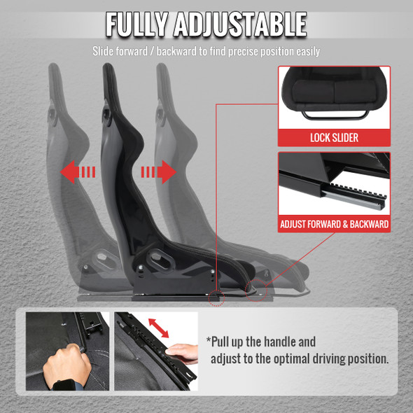 Universal Fixed-Back Black Suede Red Stitch Bucket Racing Seat w/ Sliders - Single Seat