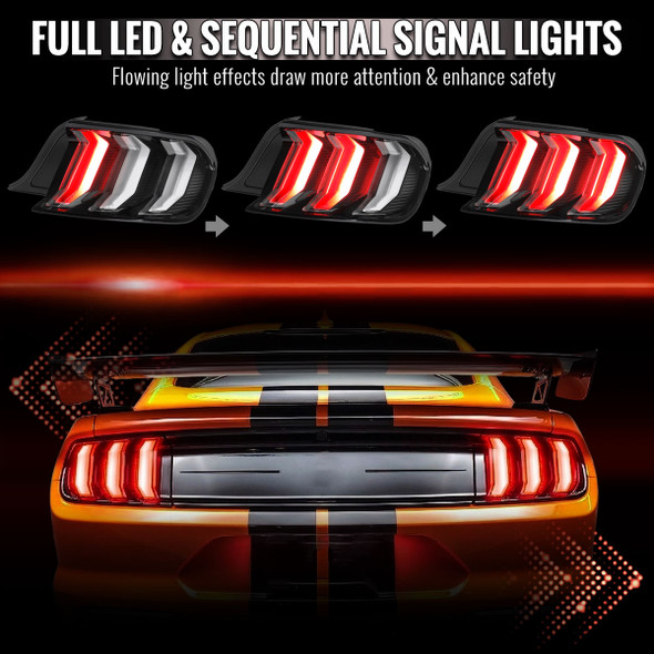 2015-2023 Ford Mustang Sequential LED Turn Signal Euro Tail Lights (Black Housing / Clear Lens)
