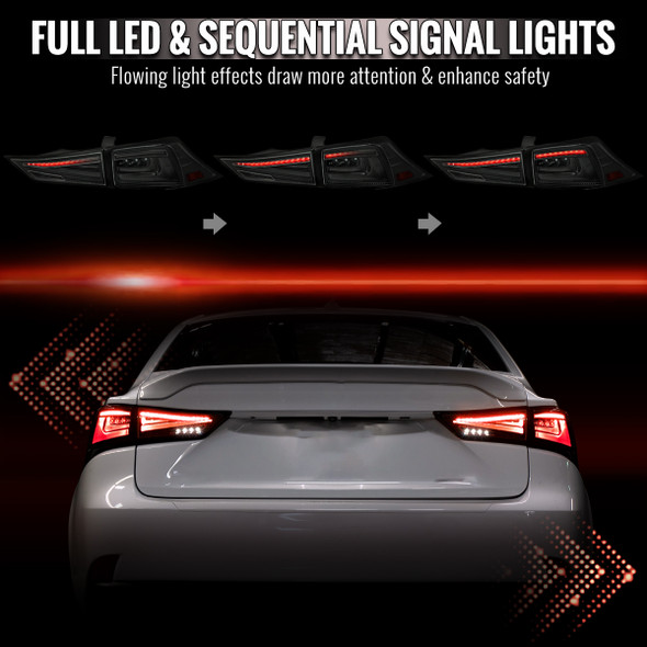 2014-2017 Lexus IS250/IS350 Full LED Tail Lights w/ Sequentail Turn Signal (Glossy Black Housing / Smoked Lens)