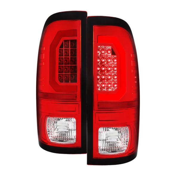 1999-2007 Ford F-250 / F-350 / F-450 / F-550 Super Duty LED C-Bar Tail Lights (Chrome Housing / Red Clear Lens)