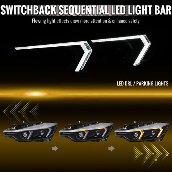 2012-2015 BMW F30 3 Series Sedan Projector Headlights w/ Switchback Sequential LED Turn Signal (Black Housing / Clear Lens)