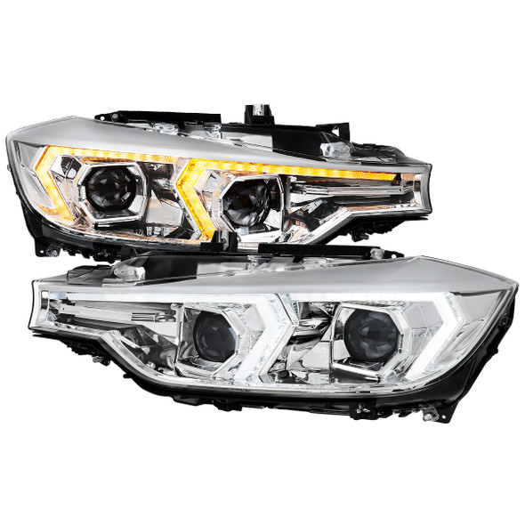 2012-2015 BMW F30 3 Series Sedan Projector Headlights w/ Switchback Sequential LED Turn Signal (Chrome Housing / Clear Lens)