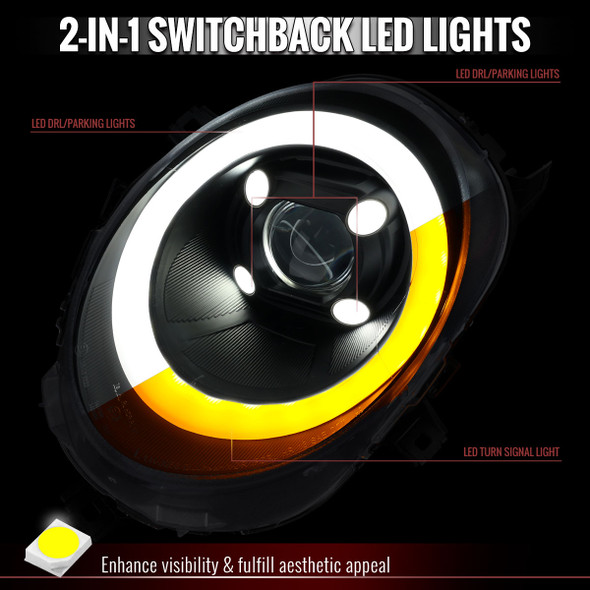 2014-2021 Mini Cooper F55 F56 F57 Projector Headlights Swithback LED DRL (Matte Black Housing / Clear Lens)