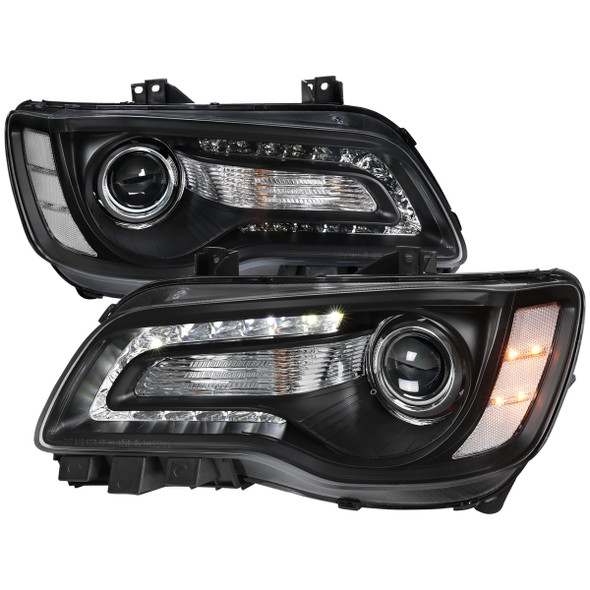 2011-2014 Chrysler 300 Projector Headlights LED DRL w/ White Turn Signal (Matte Black Housing/Clear Lens)