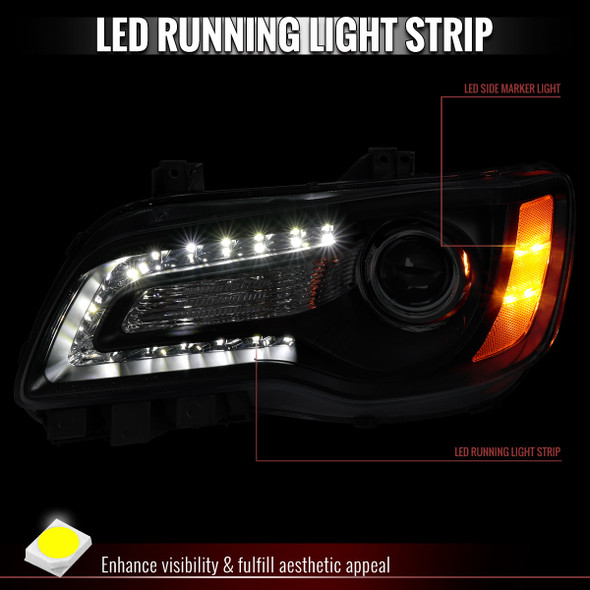2011-2014 Chrysler 300 Projector Headlights LED DRL w/ Amber Turn Signal (Matte Black Housing/Clear Lens)