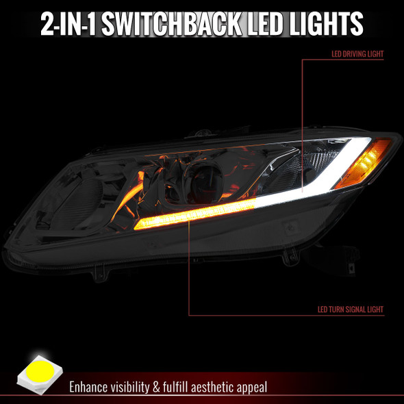 2012-2013 Honda Civic Coupe / 2012-2015 Civic Sedan Switchback LED Bar Projector Headlights (Chrome Housing / Clear Lens)