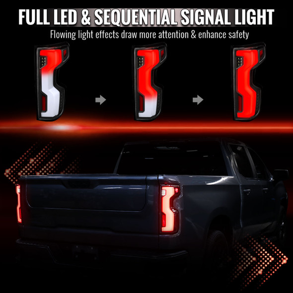 2019-2026 Chevrolet Silverado 1500 Full LED Tail Lights with Sequential Turn Signal for Factory LED Models (Black Housing / Clear Lens)