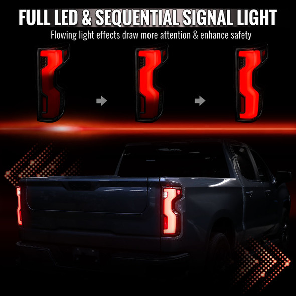 2019-2026 Chevrolet Silverado 1500 Full LED Tail Lights with Sequential Turn Signal for Factory LED Models (Black Housing / Smoked Lens)