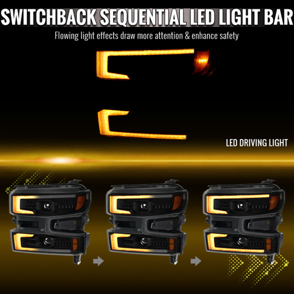 2019-2021 Chevrolet Silverado 1500 LED DRL Projector Headlights with Switchback Sequential LED Turn Signal (Black Housing / Smoked Lens)