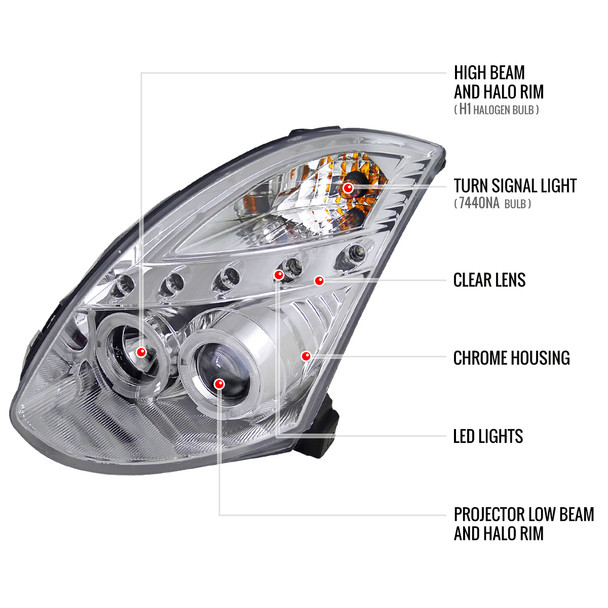 2003-2007 Infiniti G35 Coupe Dual Halo Projector Headlights (Chrome Housing/Clear Lens) 2003-2007 Infiniti G35 Coupe Dual Halo Projector Headlights (Chrome Housing/Clear Lens)