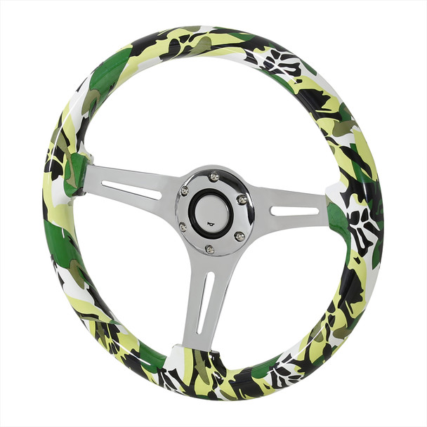 350mm Green & White Camouflage Style 2" Deep Dish Aluminum 3-Spoke Wooden Steering Wheel (Chrome)