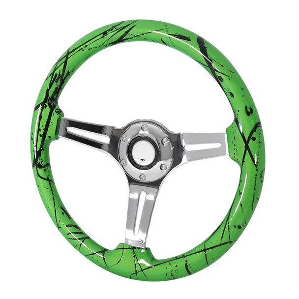 350mm Cobra Green 2" Deep Dish Aluminum 3-Spoke Wooden Steering Wheel (Chrome)