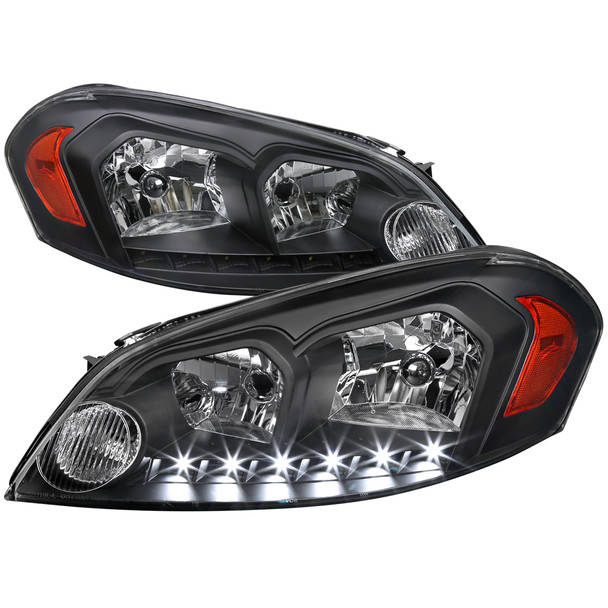 2006-2013 Chevrolet Impala / 2014-2015 Impala Limited / 2006-2007 Monte Carlo Factory Style Crystal Headlights w/ SMD LED Light Strip (Matte Black Housing/Clear Lens)