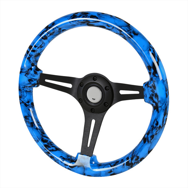 350mm Black 3-Spoke Blue Skeleton 2" Deep Dish Wooden Steering Wheel