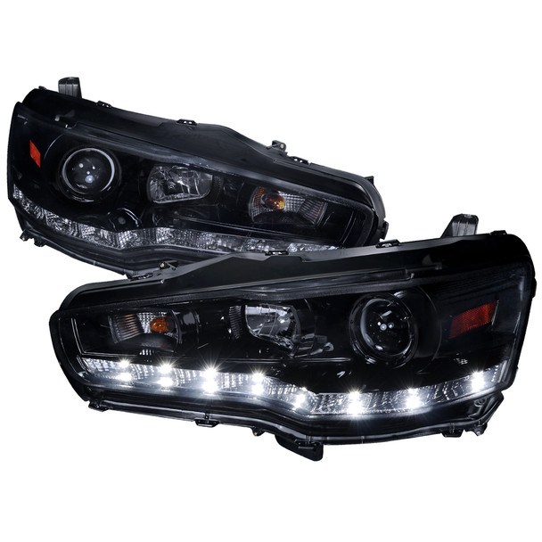 2008-2015 Mitsubishi Lancer EVO Projector Headlights w/ SMD LED Light Strip (Glossy Black Housing/Smoke Lens)