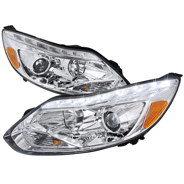 2012-2014 Ford Focus Projector Headlights w/ LED Light Strip & LED Turn Signal Lights (Chrome Housing/Clear Lens)