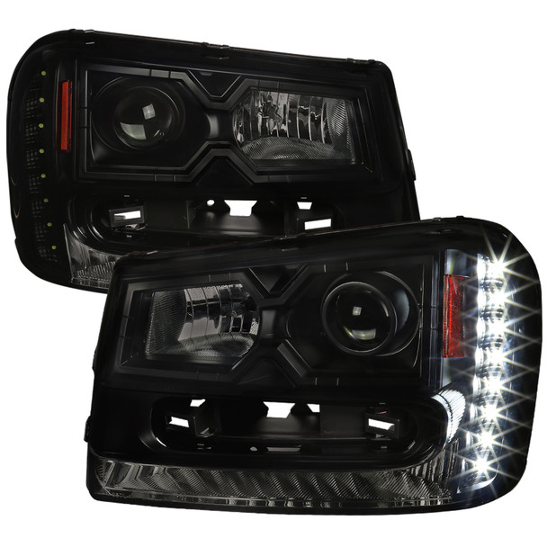 2002-2009 Chevrolet Trailblazer Projector Headlights w/ LED Light Strip (Black Housing/Smoked Lens)