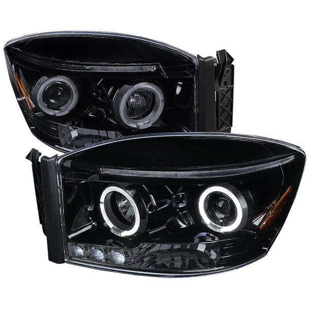2006-2008 Dodge RAM 1500/ 2006-2009 RAM 2500 3500 Dual Halo Projector Headlights (Glossy Black Housing/Smoked Lens)