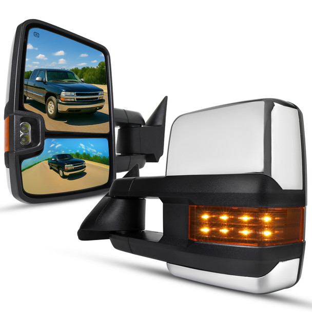 1999-2002 Chevrolet Silverado/Tahoe/Suburban/Avalanche GMC Sierra/Yukon/Yukon XL Power Heated Manual Extendable Chrome Towing Mirrors w/ Amber Lens LED Turn Signal & Clearance Lights