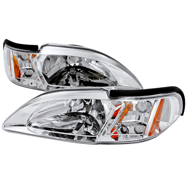 1994-1998 Ford Mustang 1PC Crystal Headlights w/ Amber Reflectors (Chrome Housing/Clear Lens)