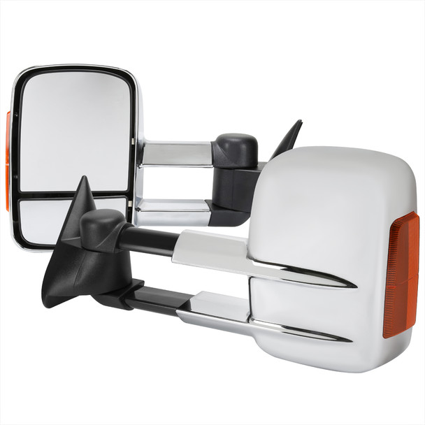 1988-2002 Chevrolet C/K C3500/Tahoe GMC Yukon/Suburban Chrome Manual Adjustable & Extendable Towing Mirrors w/ LED Amber Smoke Turn Signal Lights