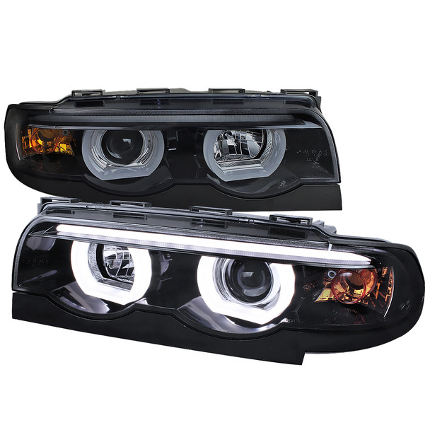 1995-2001 BMW E38 7 Series LED Bar Dual Halo Projector Headlights (Glossy Black Housing/Smoke Lens)