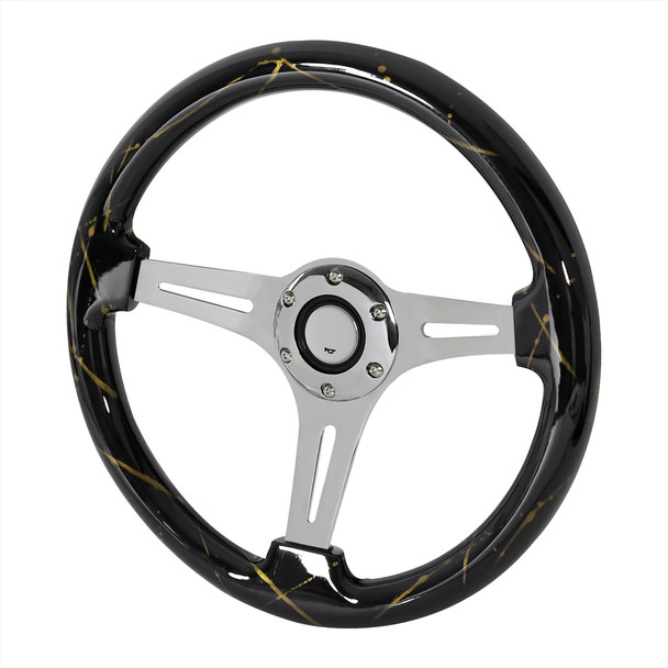 350mm Black & Gold Strips Style 2" Deep Dish Aluminum 3-Spoke Wooden Steering Wheel (Chrome)