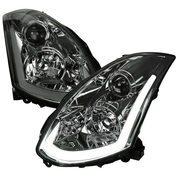 2003-2007 Infiniti G35 Coupe LED Bar Projector Headlights w/ Sequential Turn Signals (Chrome Housing/Smoke Lens)