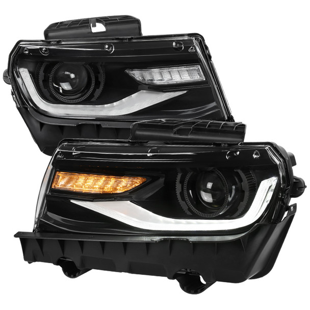 2014-2015 Chevrolet Camaro LED Strip D2H Xenon Projector Headlights w/ Sequential Turn Signal Lights (Black Housing/Clear Lens)