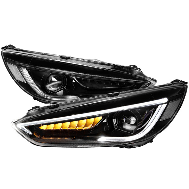 2015-2018 Ford Focus Projector Headlights w/ LED Strip & Sequential LED Turn Signal Lights (Matte Black Housing/Clear Lens)