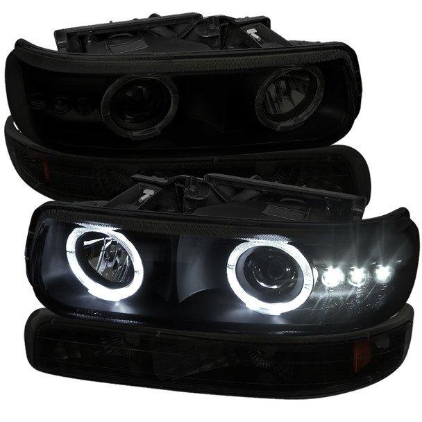 1999-2002 Chevrolet Silverado/ 2000-2006 Tahoe Suburban Dual Halo Projector Headlights w/ Bumper Lights (Black Housing/Smoke Lens)