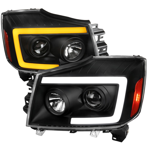 2004-2015 Nissan Titan / 2004-2007 Armada LED C-Bar Projector Headlights w/ Switchback Sequential Turn Signals (Matte Black Housing/Clear Lens)