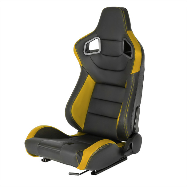 Fully Reclinable Black & Yellow PVC Leather Carbon Fiber Style Bucket Racing Seat w/ Sliders - Driver Side Only