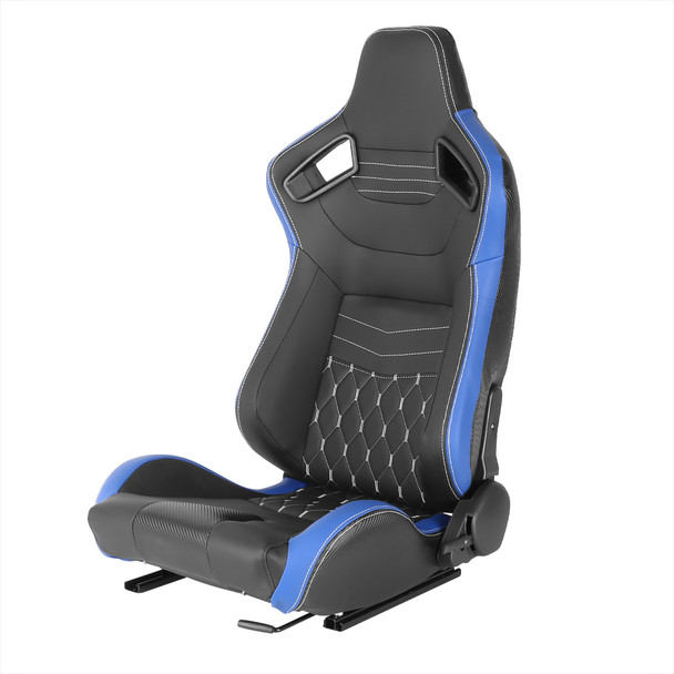 Fully Reclinable Black & Blue PVC Leather White Stitch Bucket Racing Seat w/ Sliders - Driver Side Only