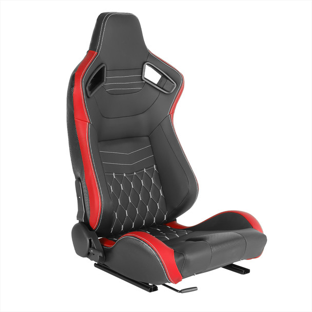 Fully Reclinable Black & Red PVC Leather White Stitch Bucket Racing Seat w/ Sliders - Passenger Side Only