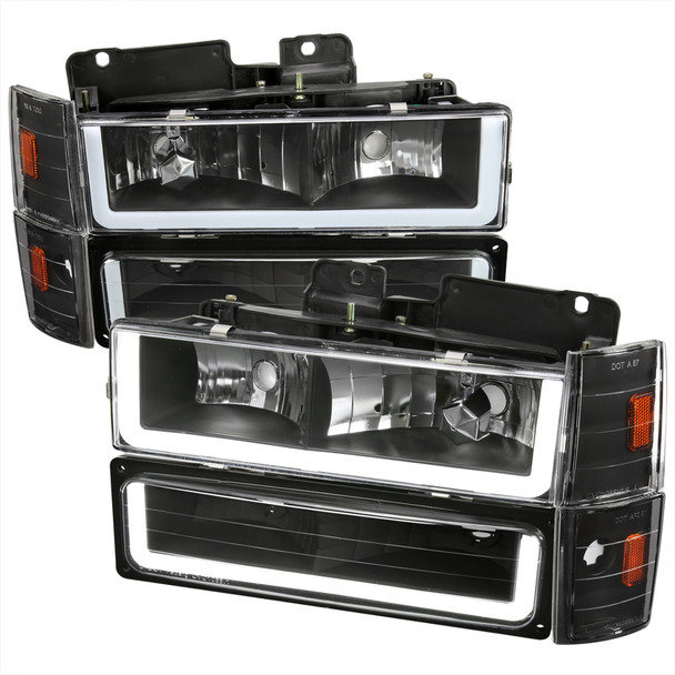 1988-1993 Chevrolet/GMC C10 C/K Sierra Tahoe LED Tube Factory Style Headlights with Bumper & Corner Lights (Matte Black Housing/Clear Lens)