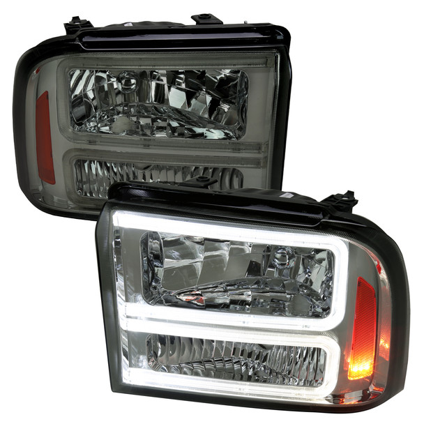 2005-2007 Ford F-250/F-350/F-450/F-550 Super Duty Dual LED C-Bar Factory Style Headlights (Chrome Housing/Smoked Lens)