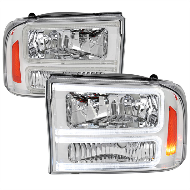 1999-2004 Ford F-250/F-350/F-450/F-550/2000-2004 Excursion Euro Factory Style Headlights with Dual LED C-Bar  (Chrome Housing/Clear Lens)