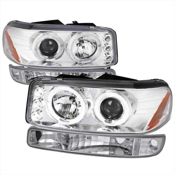 1999-2006 GMC Sierra/Yukon XL/SLT Dual Halo Projector Headlights & Bumper Lights (Chrome Housing/Clear Lens)