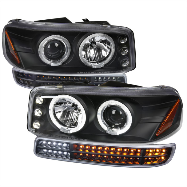 1999-2006 GMC Sierra/ 2000-2006 Yukon/Yukon XL Dual Halo Projector Headlights with LED Sequential Turn Signal Bumper Lights (Matte Black Housing/Clear Lens)