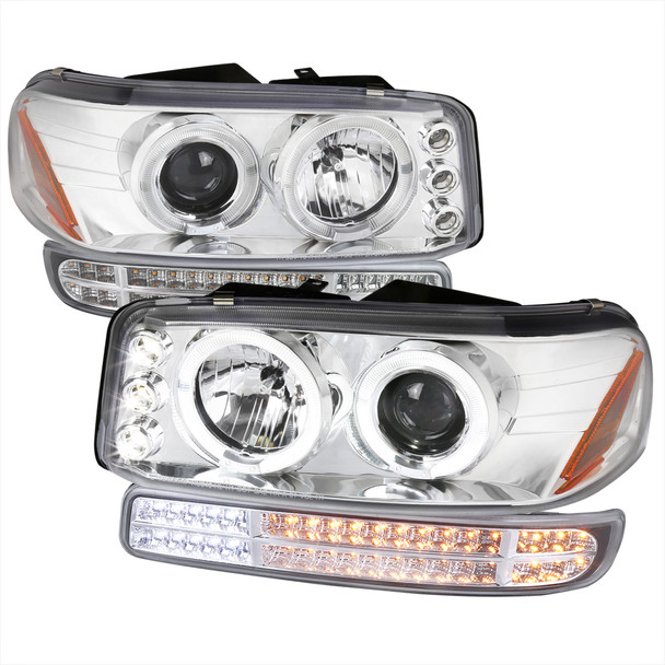 1999-2006 GMC Sierra/ 2000-2006 Yukon/Yukon XL Dual Halo Projector Headlights with LED Sequential Turn Signal Bumper Lights (Chrome Housing/Clear Lens)